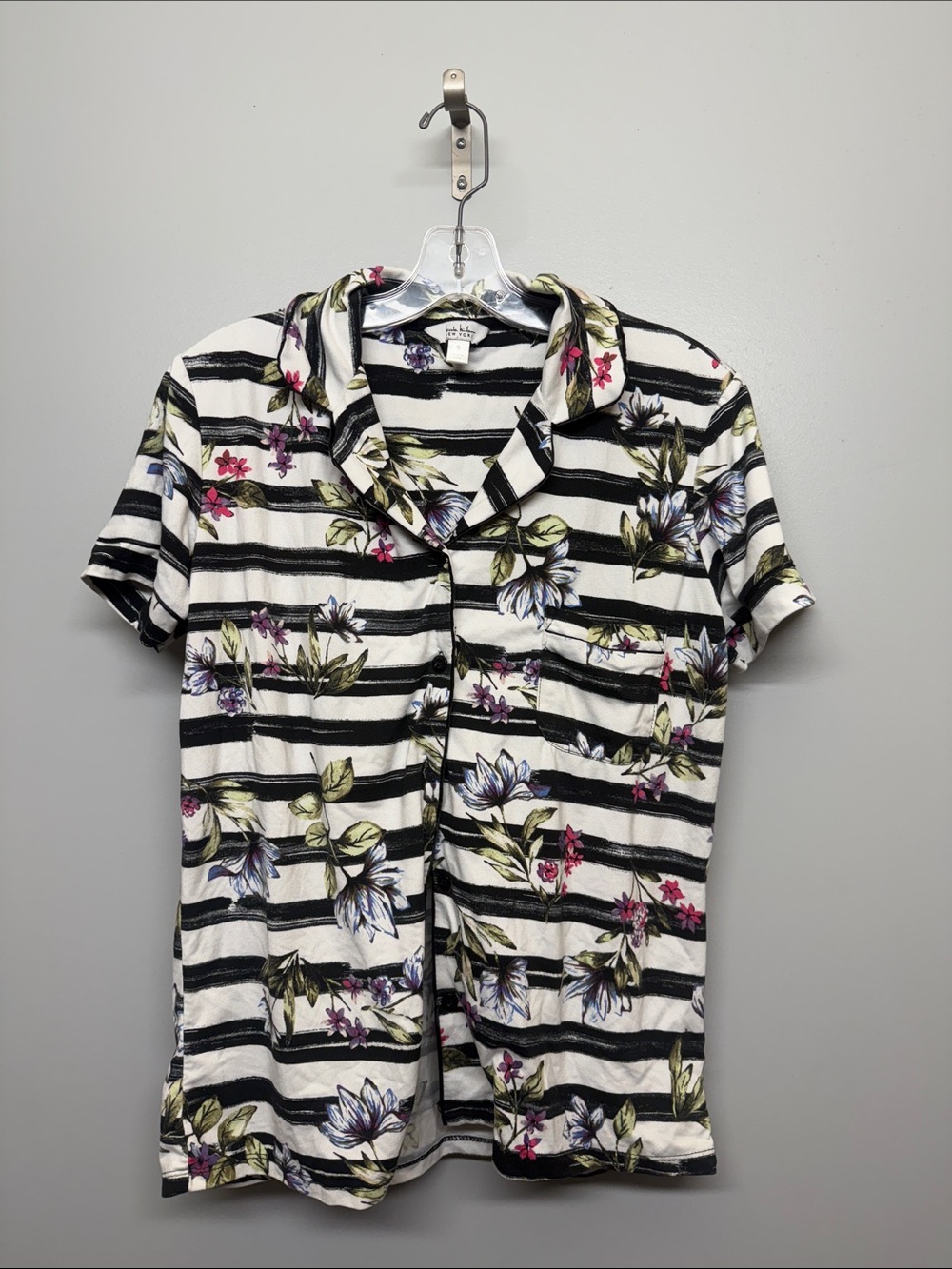 Nicole Miller Black & White Striped Floral Pajama Top